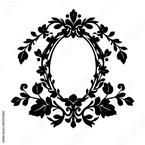 ornate floral frame with oval space in black silhouette