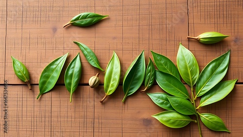 Fresh Tea Leaves on Rustic Wooden Surface Overhead View