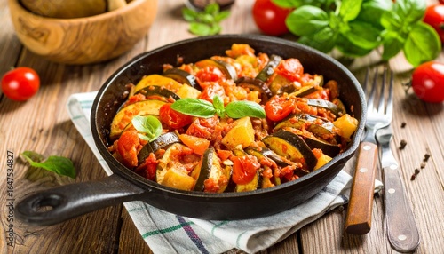 Wallpaper Mural Delicious Ratatouille in Cast Iron Skillet with Fresh Basil and Tomatoes on Wooden Table. Torontodigital.ca