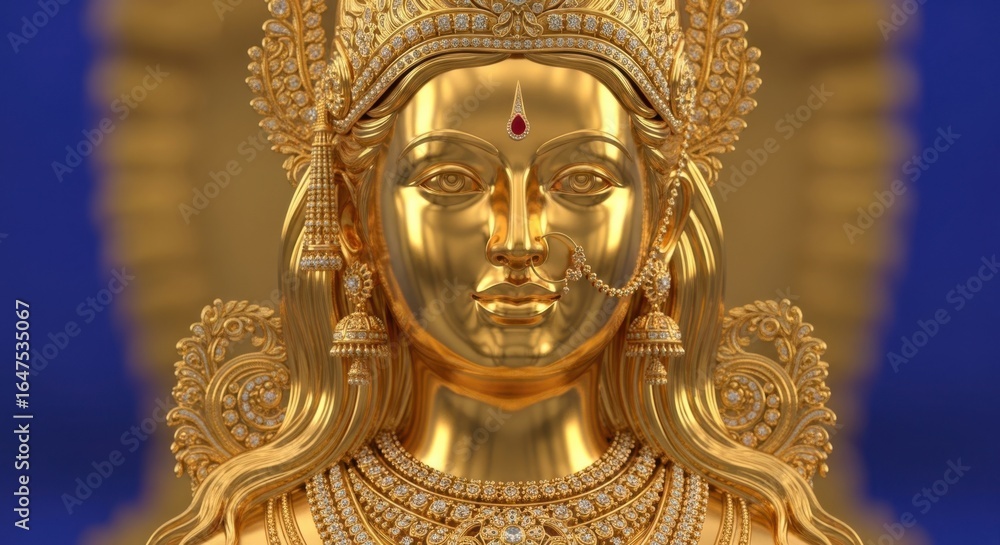 Fototapeta premium Golden Deity with Elaborate Ornate Jewelry and Blue Background