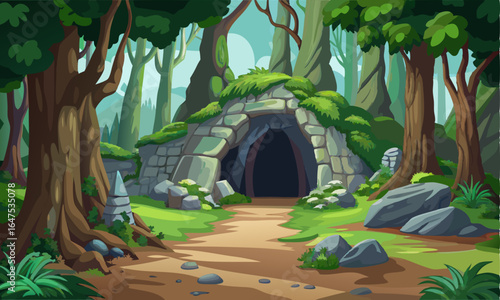 Download Empty Stone Caves Entrance In The Forest And Jungle. Wild Caves Opened On Lawn Among The Trees. Vector Illustrations . This Icon Concept Isolated Premium Vector. 