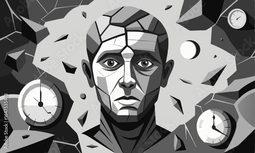 Download  A Surreal, Monochromatic Image Featuring The Profile Of A Human Face Made Of Cracked, Fragmented Material . This Icon Concept Isolated Premium Vector. 