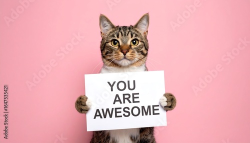 Fototapeta Naklejka Na Ścianę i Meble -  Cat holding You Are Awesome sign.