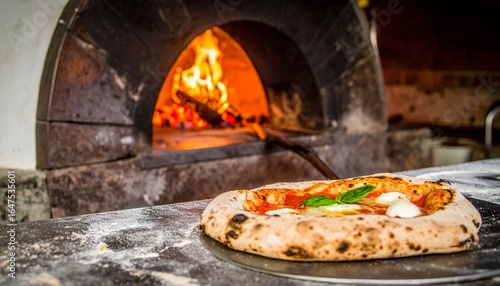 Delicious Wood-Fired Pizza with Fresh Basil and Fiery Oven Background.