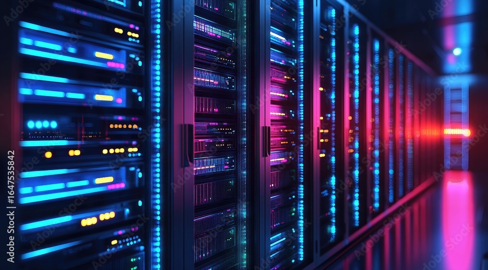 Naklejka premium Futuristic high tech data center with vibrant illuminated server racks in blue and pink lighting, ideal for cloud computing, hosting, and enterprise IT infrastructure