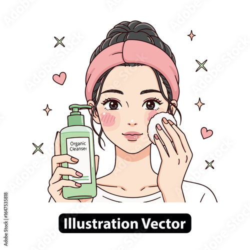 A young woman's beauty regimen using a gentle organic cleanser for a fresh, clean face