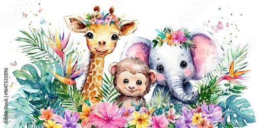 AKWARELOWE SAFARI: ŻYRAFA, SŁOŃ I MAŁPKA W TROPIKALNYM OGRODZIE