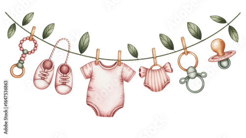 baby clothes hanging, pink, watercolor style clip art preview