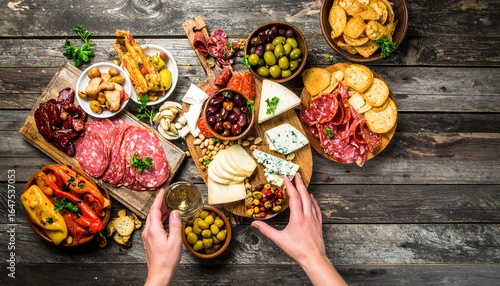 Gourmet Charcuterie Board with Olives Cheese Meats and Wine Rustic Wooden Table.