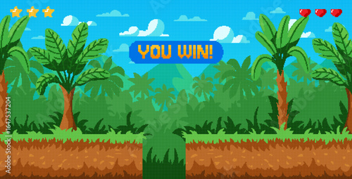 Pixel art jungle. Game level. 8 bit retro landscape with tree and grass. Cartoon tropical forest world. 2D gaming screen. Arcade level template. Computer winner award. Vector garish pixelated scene