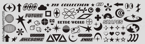 Y2k icon. Retro star, heart moon, globe element. Pattern of 80s, orbital geometry. Cyber planet, symbol futuristic isolated decorative elements. Smile doodle, graphic techno. Vector rave garish design