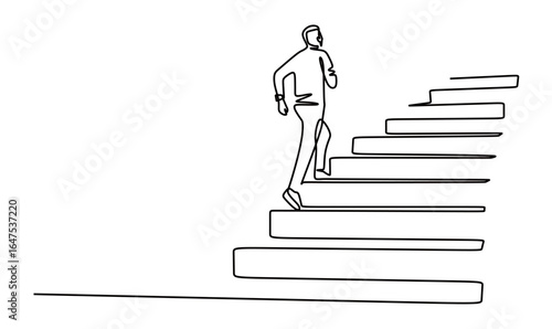 continuous line art of a man in a business suit and carrying a bag walking to the right with a rising graph in front of him. concept of a successful business