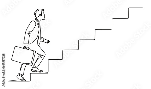 continuous line art of a man in a business suit and carrying a bag walking up the stairs to the top and achieving success