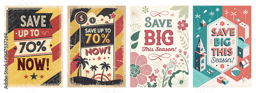 Colorful promotional banners featuring savings of up to 70%, ideal for seasonal sales and marketing campaigns.