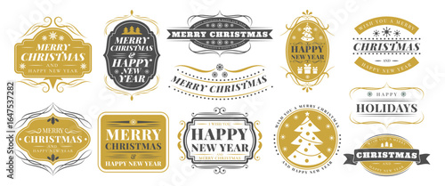 Merry Christmas logo. Xmas ornament text label. Event celebration emblem. Greeting retro postcard. Holiday tree typography sticker. Winter snowflake. Vintage badge. Vector flourish garish banners set