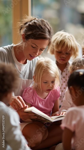 Engaging children in reading activities at a cozy indoor setting during a sunny afternoon
