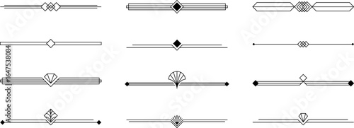Elegant Art Deco borders with geometric ornaments. Set of vector decorative dividers in retro 1920s. Design elements for vintage invitations, classic menus and luxury labels