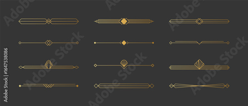 Elegant Art Deco borders with geometric ornaments. Set of vector decorative dividers in retro 1920s. Design elements for vintage invitations, classic menus and luxury labels