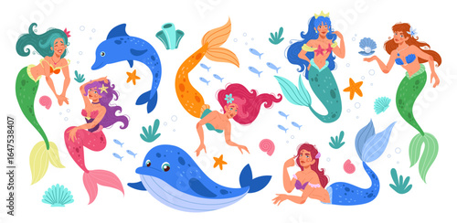 Mermaid character with fish tail. Fantasy underwater creature. Sea mascot. Dolphin and whale. Marine girl swimming. Ocean animal. Fairytale scales. Undersea princess. Vector cartoon tidy illustration