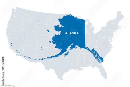 Alaska, size comparison, map. U.S. state of Alaska, compared with contiguous states. By far the largest state in the United States, more than twice the size of Texas, which is the 2nd-largest state.