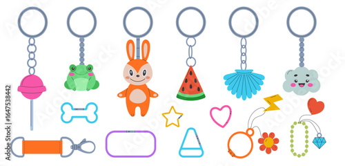 Ring for bag. Cute trinket for keys. Colorful toys keychains. Kids accessories. Funny clip. Trendy fob chains. Carabiner holder with plastic pendant. Doodle latchkey elements set. Vector tidy fashion