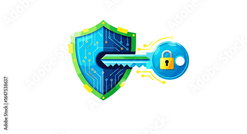 Cybersecurity key unlocking a digital shield, representing data protection and secure access.