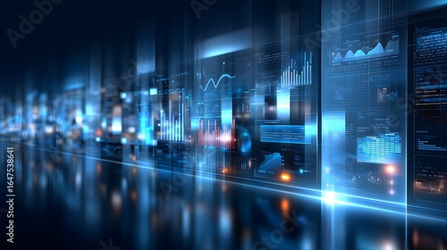 Futuristic digital cityscape with cool blue neon glow, abstract holographic data, high-tech design for business and financial dashboards