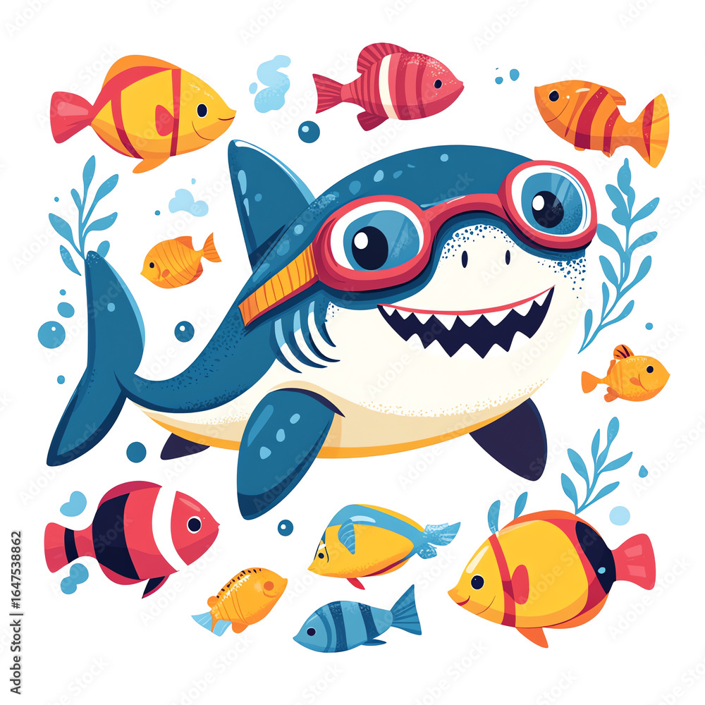 Naklejka premium Cute Shark with Goggles Swimming in the Ocean