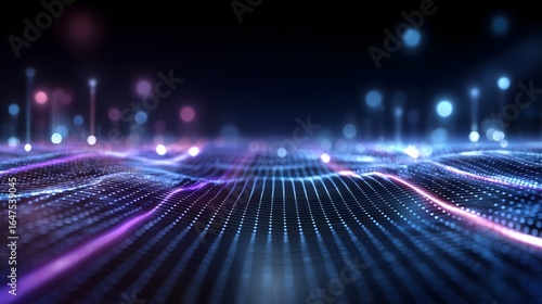 Clean, futuristic digital mesh grid in cool blue and purple neon, with metallic reflections and depth, ideal for technology presentations, web, and corporate design