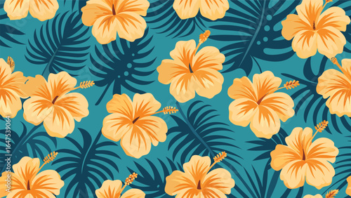 Seamless pattern featuring yellow hibiscus flowers and dark blue tropical leaves on a teal background