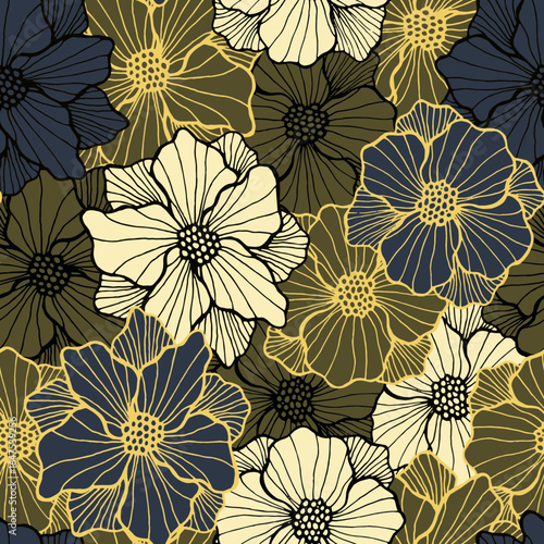 Romantic camellia flower repeating pattern. Organic bouquet ornament. Camelli...