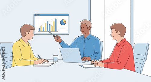 Flat illustration of business meeting with team analyzing charts and graphs on presentation board, discussing strategy, financial growth, and corporate planning in a modern office environment