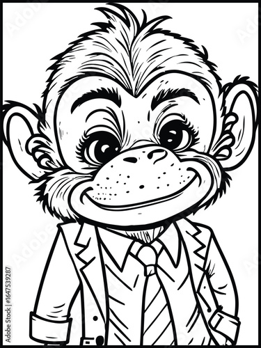 Monkey's Playful Portrait: A whimsical illustration of a dapper monkey donning a suit, exuding charm and merriment, his smiling face and jovial spirit.