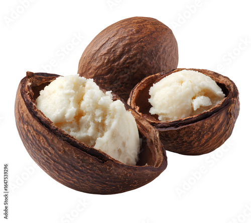  Shea nut filled with shea butter white background