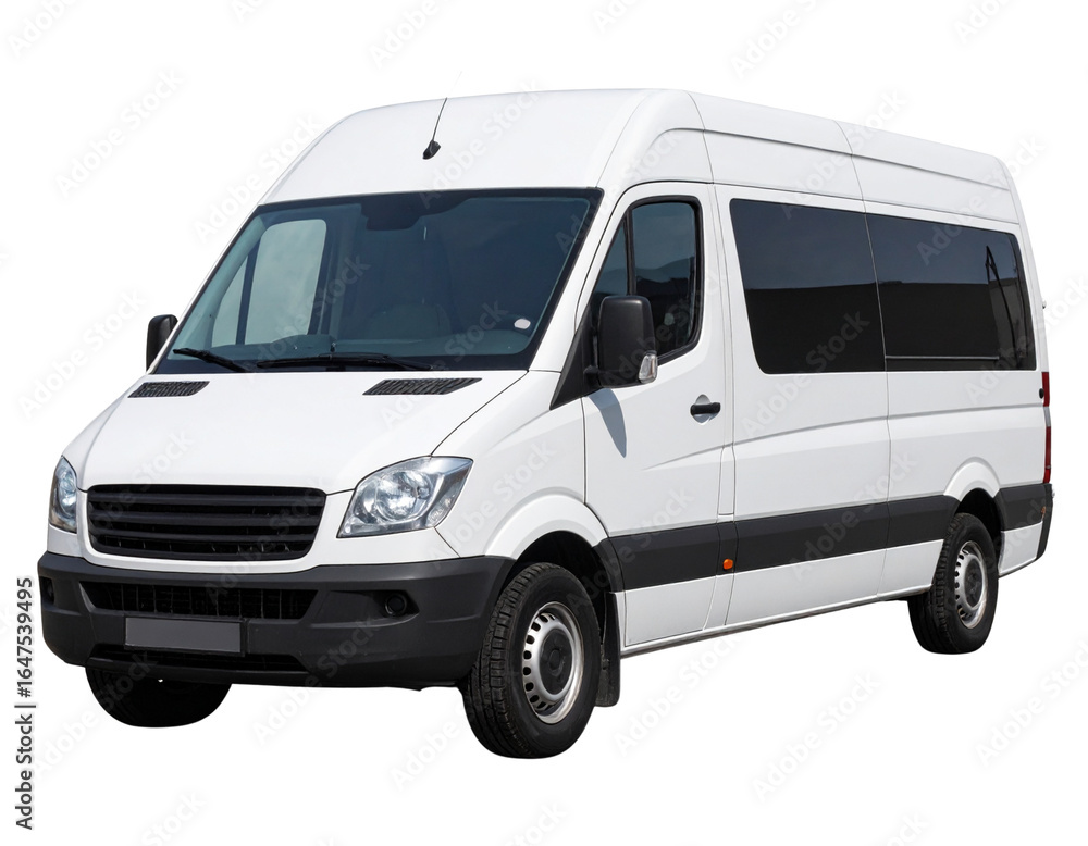 Naklejka premium Angled Front Perspective of White Cargo Van with Reflections on Windows, Transparent Background