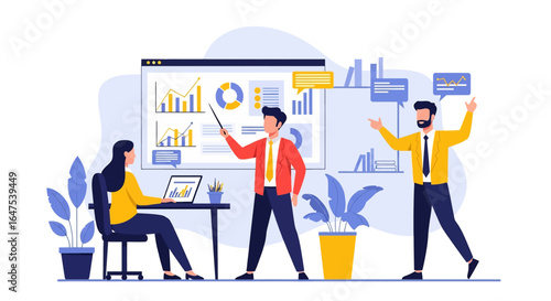 Flat illustration of business team analyzing charts and graphs, discussing data insights, and presenting reports in a modern office environment for strategy, growth, and performance improvement