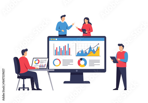 Flat illustration of business people analyzing charts and graphs on a large screen, discussing data insights, teamwork, financial reports, and strategic planning in a modern office environment