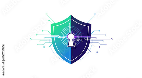 A stylized shield graphic, representing digital security with a keyhole and circuit board design.