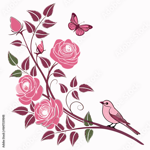 A delicate pink rose garland with small birds and butterflies, set against a white background