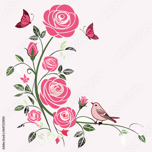 A delicate pink rose garland with small birds and butterflies, set against a white background