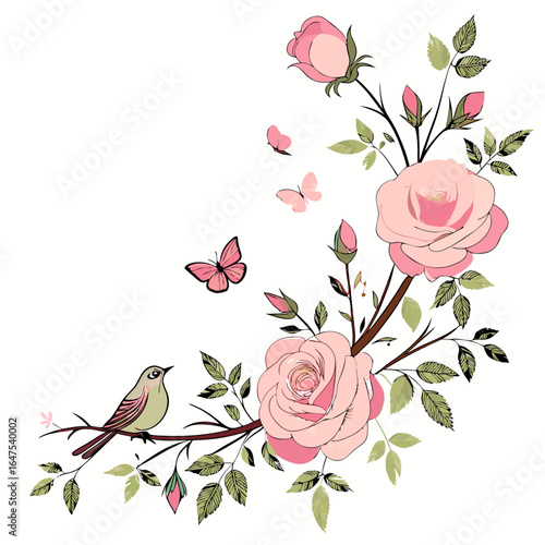 A delicate pink rose garland with small birds and butterflies, set against a white background