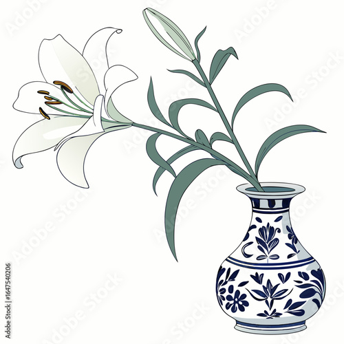 Chinese painting, watercolor, ink, lily, exquisite blue and white porcelain vase, white, light pink