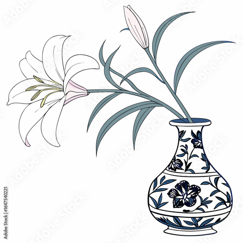 Chinese painting, watercolor, ink, lily, exquisite blue and white porcelain vase, white, light pink