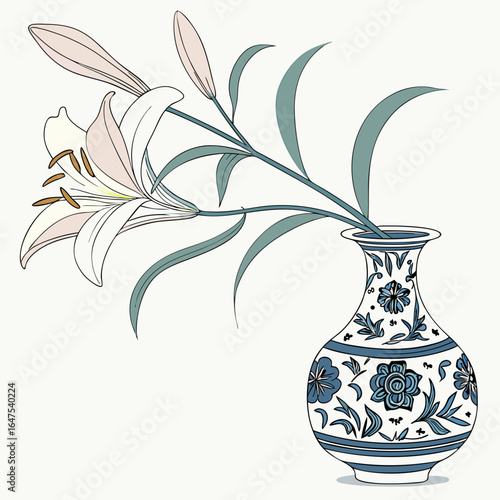 Chinese painting, watercolor, ink, lily, exquisite blue and white porcelain vase, white, light pink