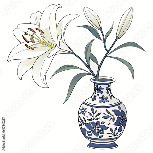 Chinese painting, watercolor, ink, lily, exquisite blue and white porcelain vase, white, light pink