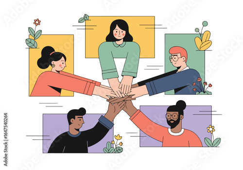 Illustration of diverse team members joining hands in unity, symbolizing teamwork, collaboration, trust, diversity, partnership, and shared goals in a creative business environment
