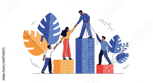 Illustration of diverse team members helping each other climb bar charts, symbolizing teamwork, support, leadership, business growth, cooperation, and achieving professional success together