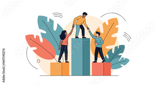 Illustration of diverse team members helping each other climb bar charts, symbolizing teamwork, support, leadership, business growth, cooperation, and achieving professional success together