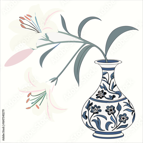 Chinese painting, watercolor, ink, lily, exquisite blue and white porcelain vase, white, light pink