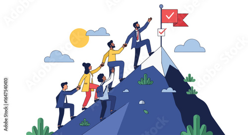 Illustration of diverse business team climbing mountain together to reach goal, symbolizing teamwork, leadership, success, determination, partnership, and achieving milestones in business